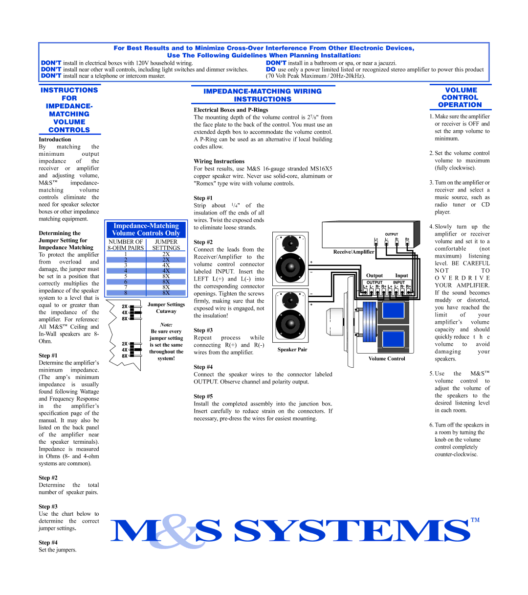 M&S Systems Car Amplifier manual Instructions For Impedance Matching Volume Controls, Volume Control Operation 