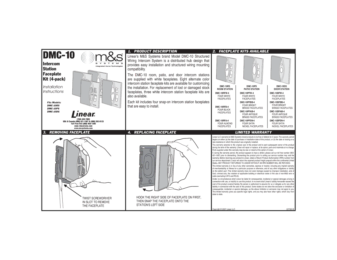 M&S Systems DMC-10 installation instructions Intercom, Station, Faceplate, Kit 4-pack 