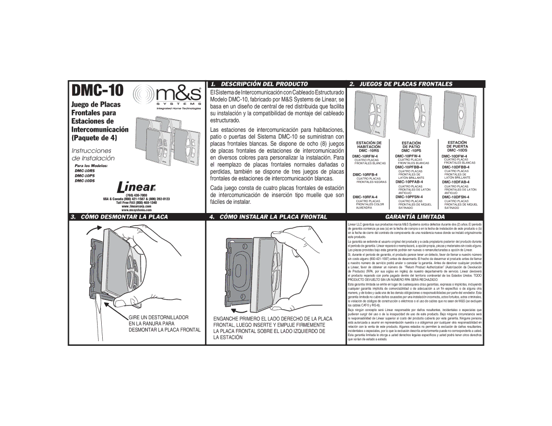 M&S Systems DMC-10 installation instructions Juego de Placas, Frontales para, Estaciones de, Intercomunicación, Paquete de 