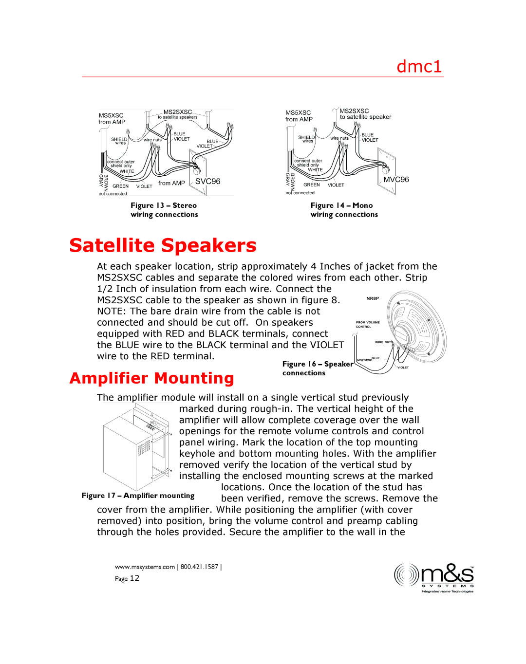 M&S Systems dmc1 manual Amplifier Mounting, Satellite Speakers 