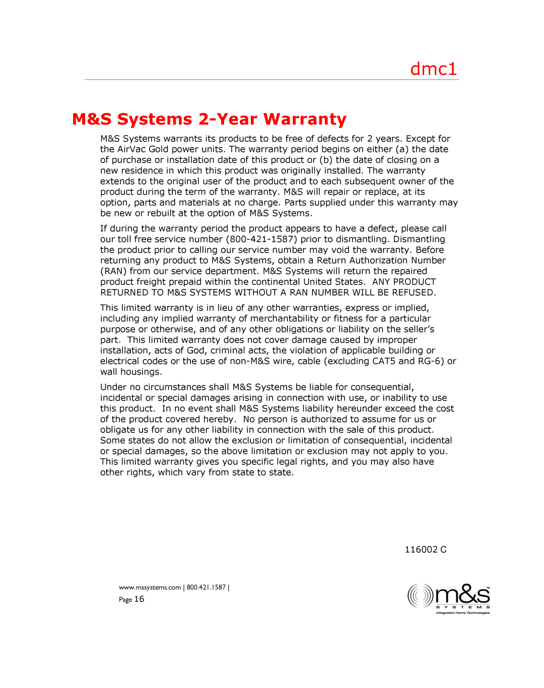 M&S Systems dmc1 manual Systems 2-Year Warranty 