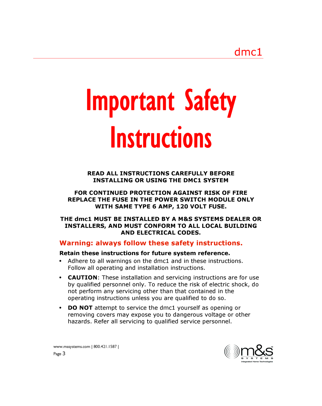 M&S Systems dmc1 manual Instructions 