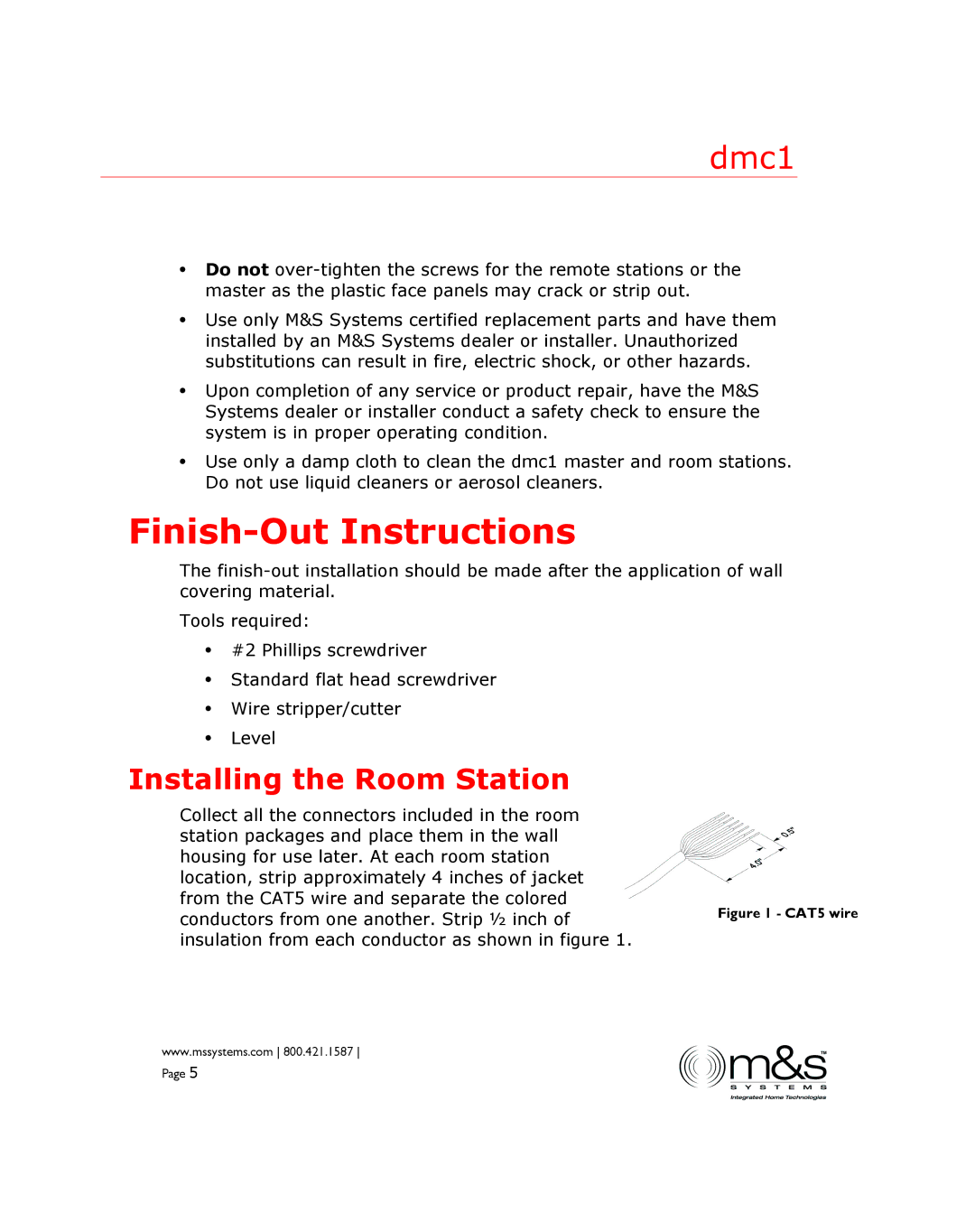 M&S Systems dmc1 manual Finish-Out Instructions, Installing the Room Station 