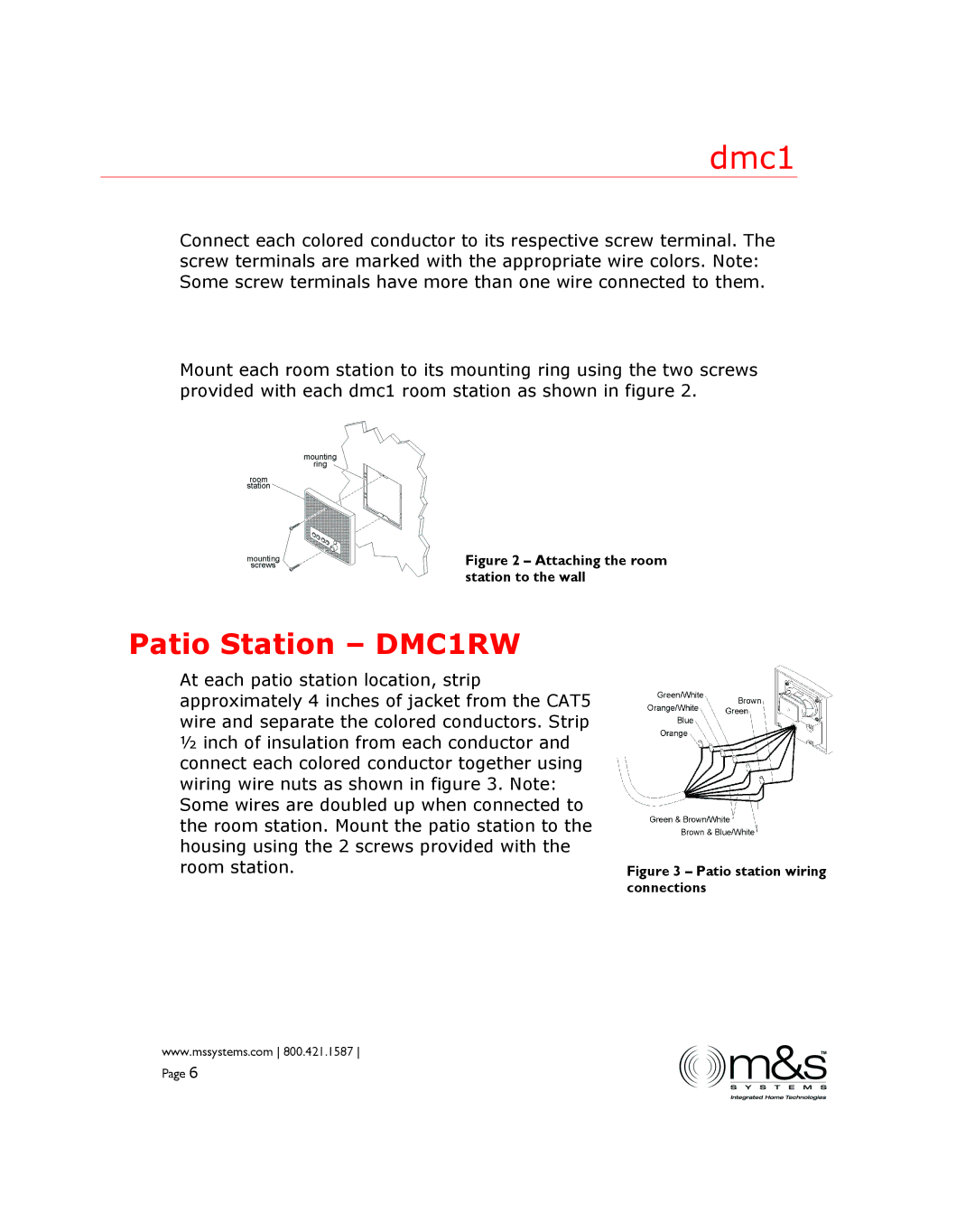 M&S Systems dmc1 manual Patio Station DMC1RW, Attaching the room station to the wall 