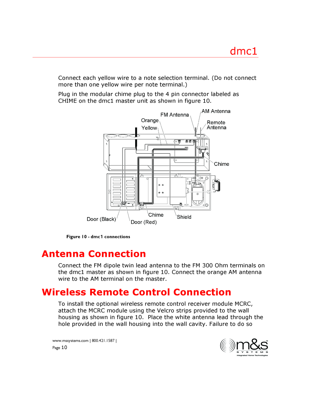 M&S Systems manual Antenna Connection, Wireless Remote Control Connection, dmc1 connections 