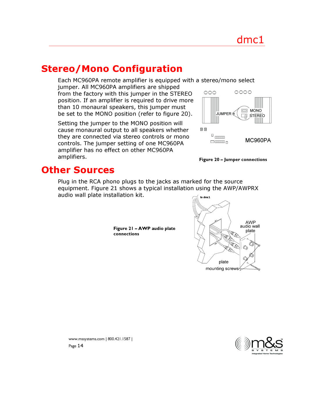 M&S Systems dmc1 manual Stereo/Mono Configuration, Other Sources 