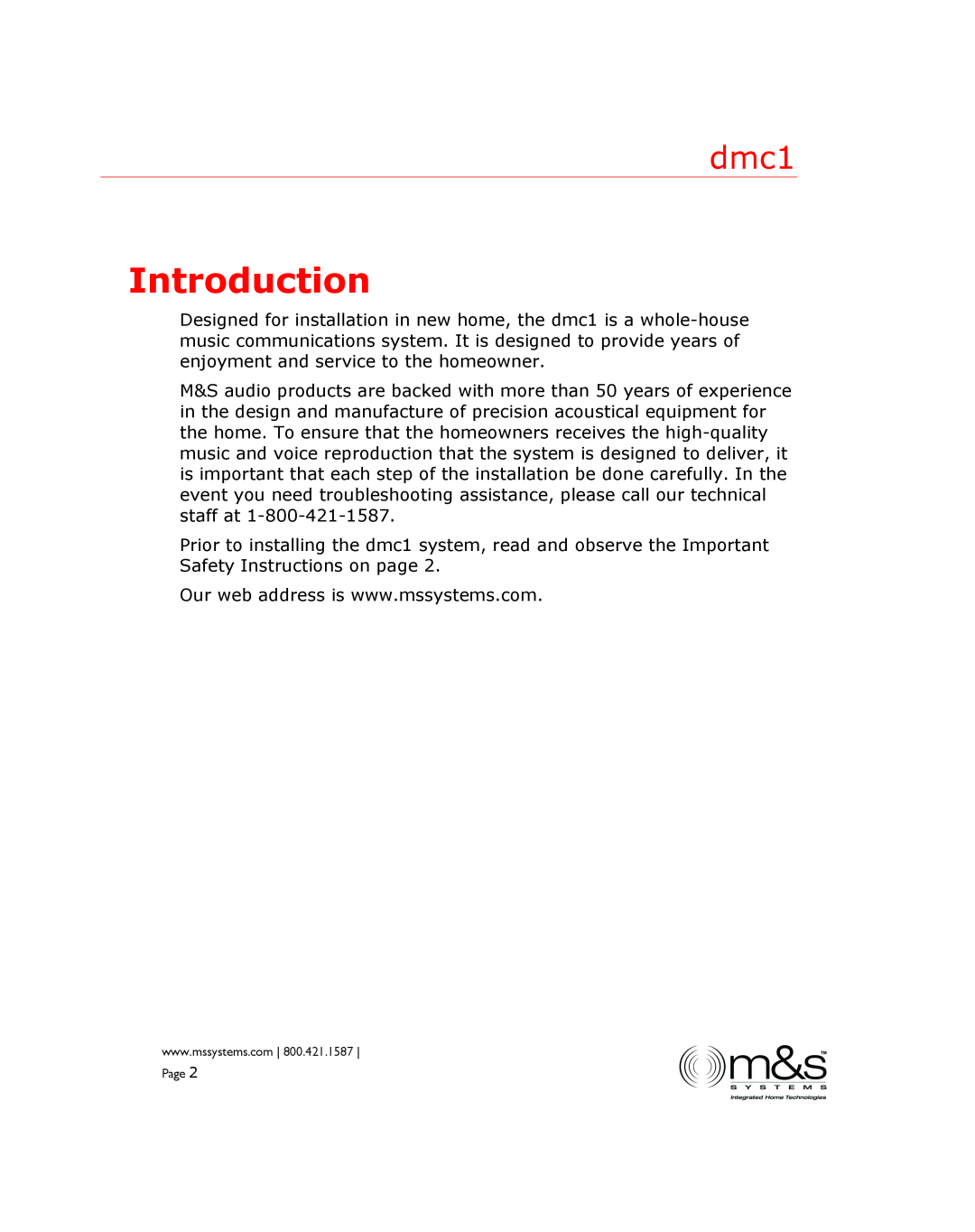 M&S Systems dmc1 manual Introduction 