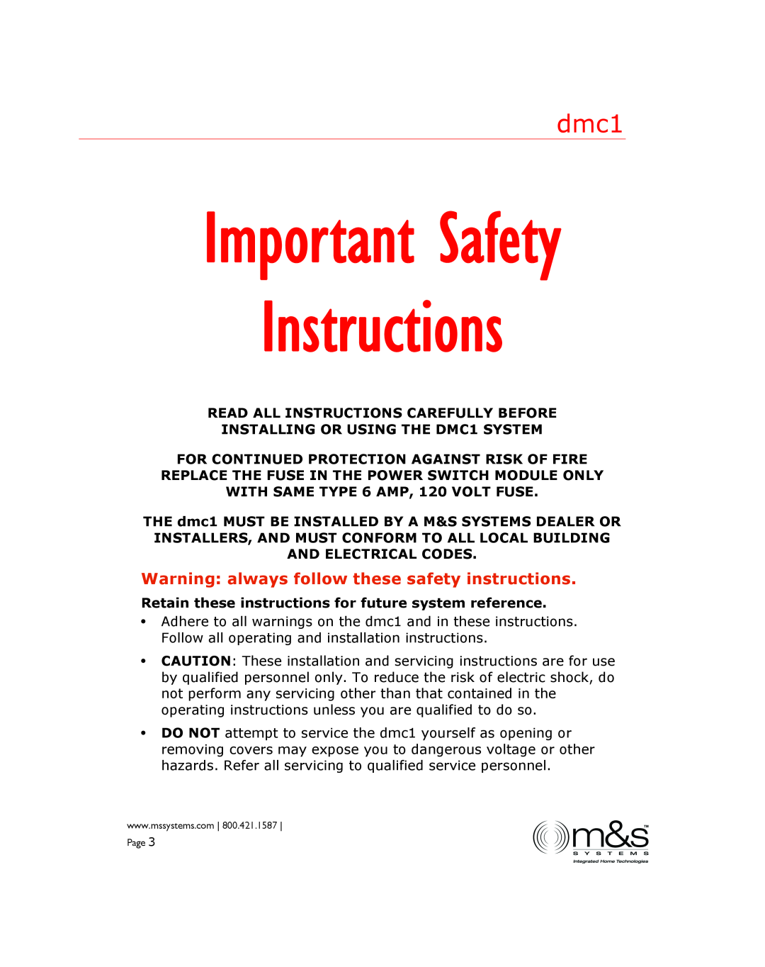 M&S Systems dmc1 manual Instructions, Important Safety, Warning always follow these safety instructions 