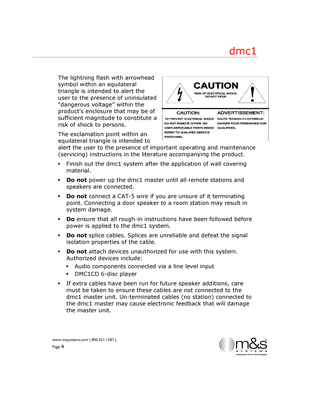 M&S Systems dmc1 manual Audio components connected via a line level input 