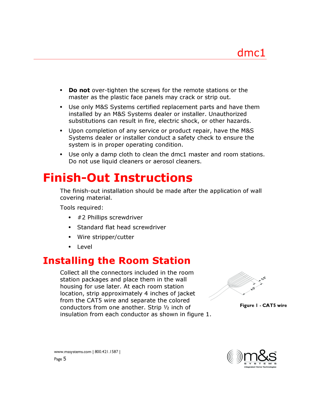 M&S Systems dmc1 manual Finish-Out Instructions, Installing the Room Station 