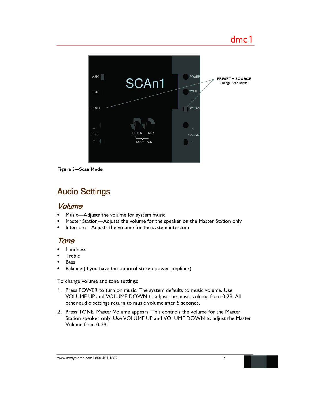 M&S Systems dmc1/dmc1CD owner manual SCAn1, Audio Settings, Volume, Tone 