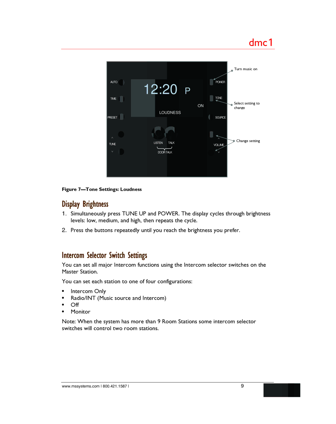 M&S Systems dmc1/dmc1CD owner manual Display Brightness, Intercom Selector Switch Settings 