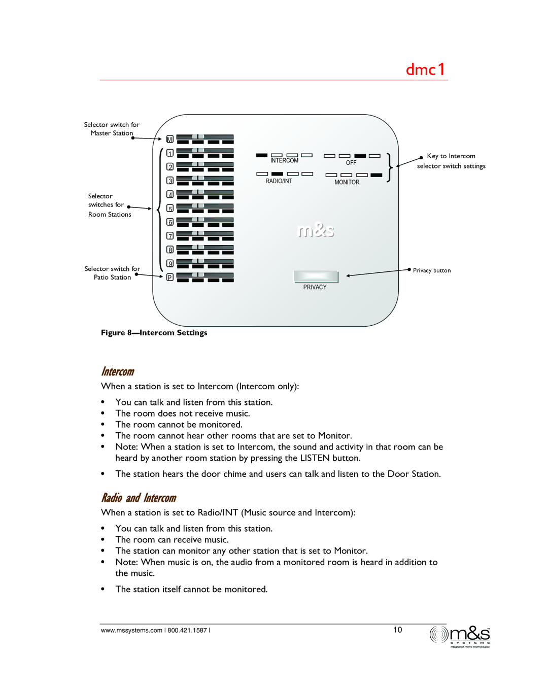 M&S Systems dmc1/dmc1CD owner manual Radio and Intercom 