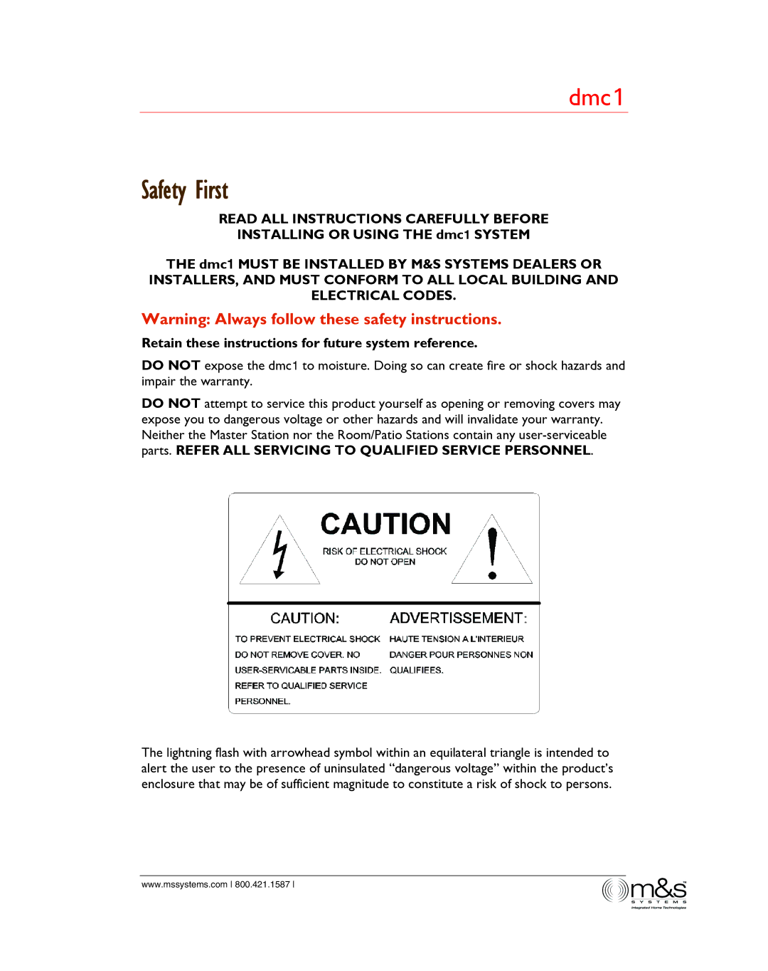 M&S Systems dmc1/dmc1CD owner manual Safety First, Retain these instructions for future system reference 