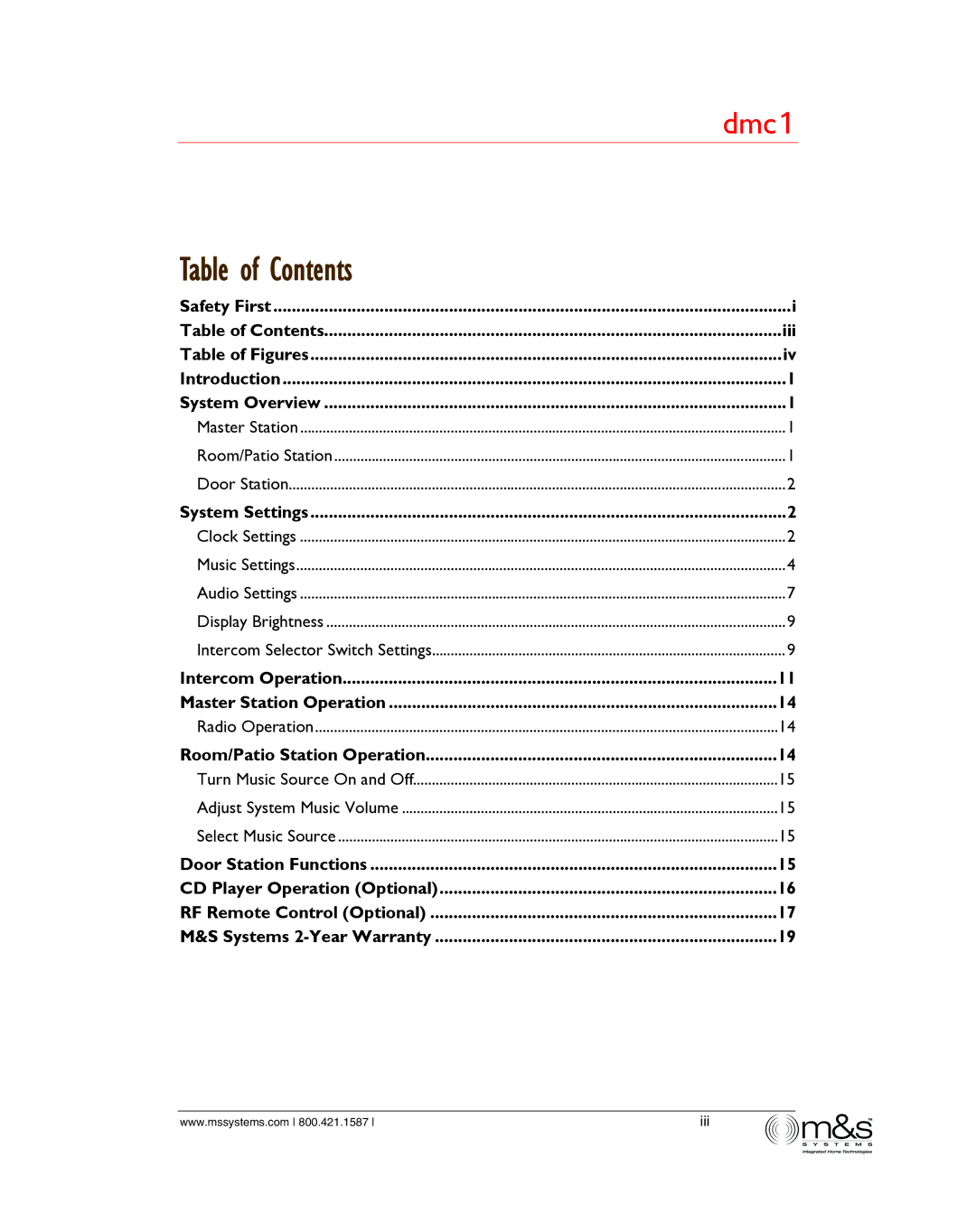 M&S Systems dmc1/dmc1CD owner manual Table of Contents 