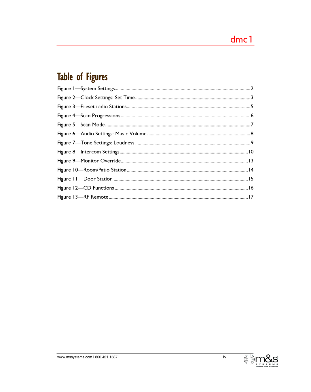 M&S Systems dmc1/dmc1CD owner manual Table of Figures, System Settings 