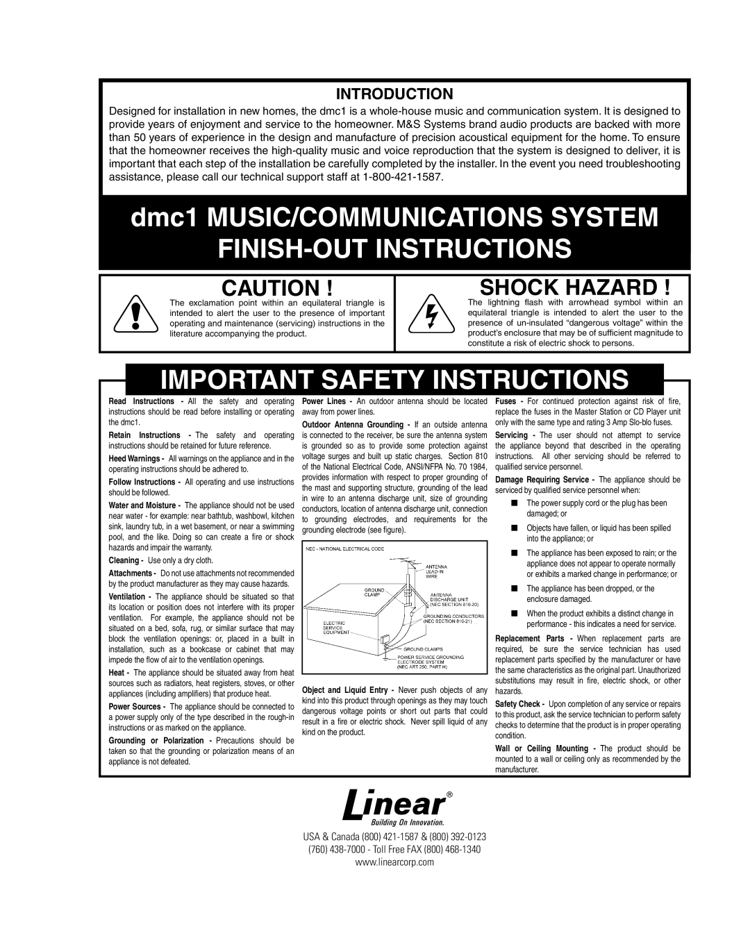 M&S Systems DMC1HC important safety instructions FINISH-OUT Instructions 