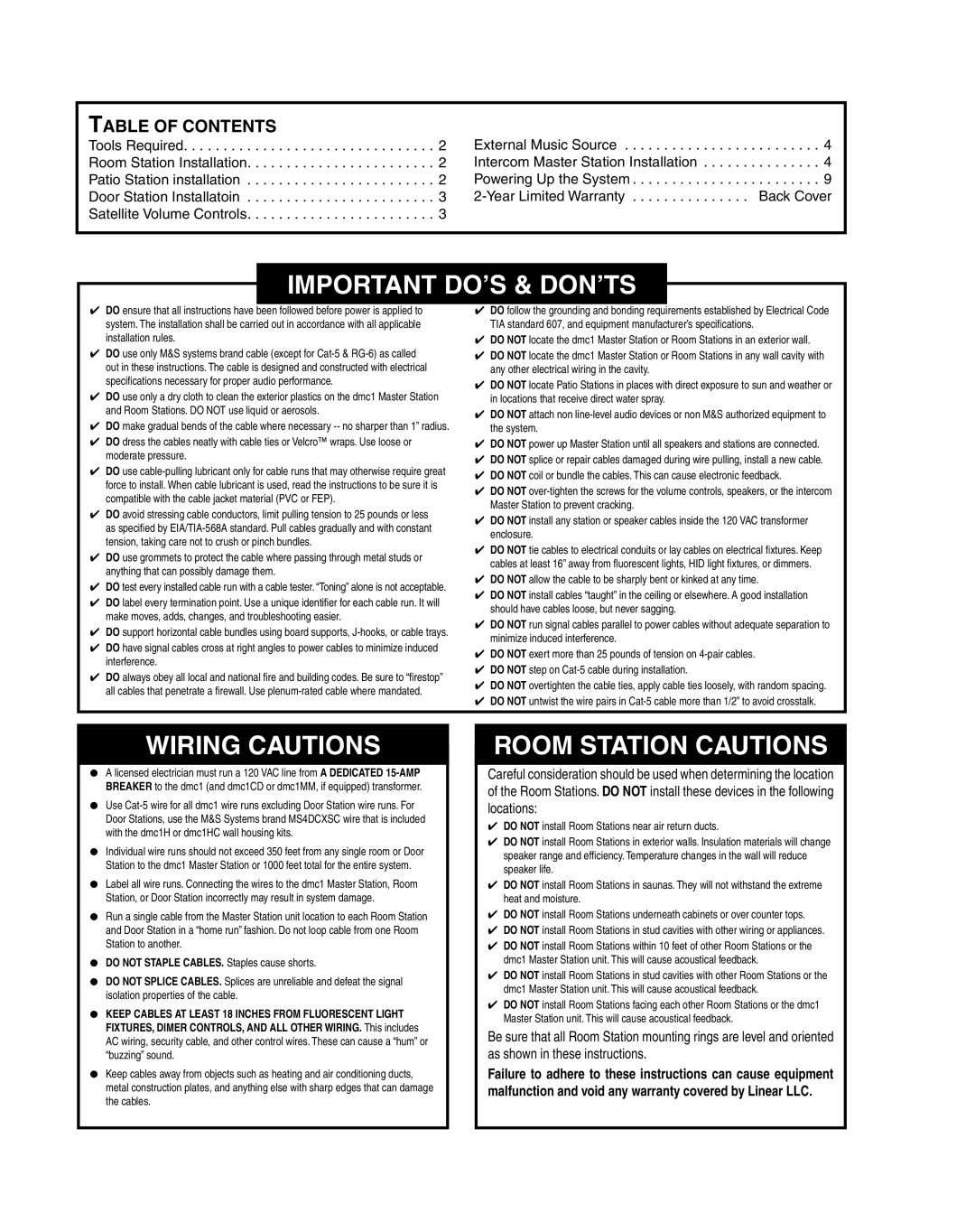 M&S Systems DMC1HC important safety instructions Important DO’S & DON’TS, Table of Contents 