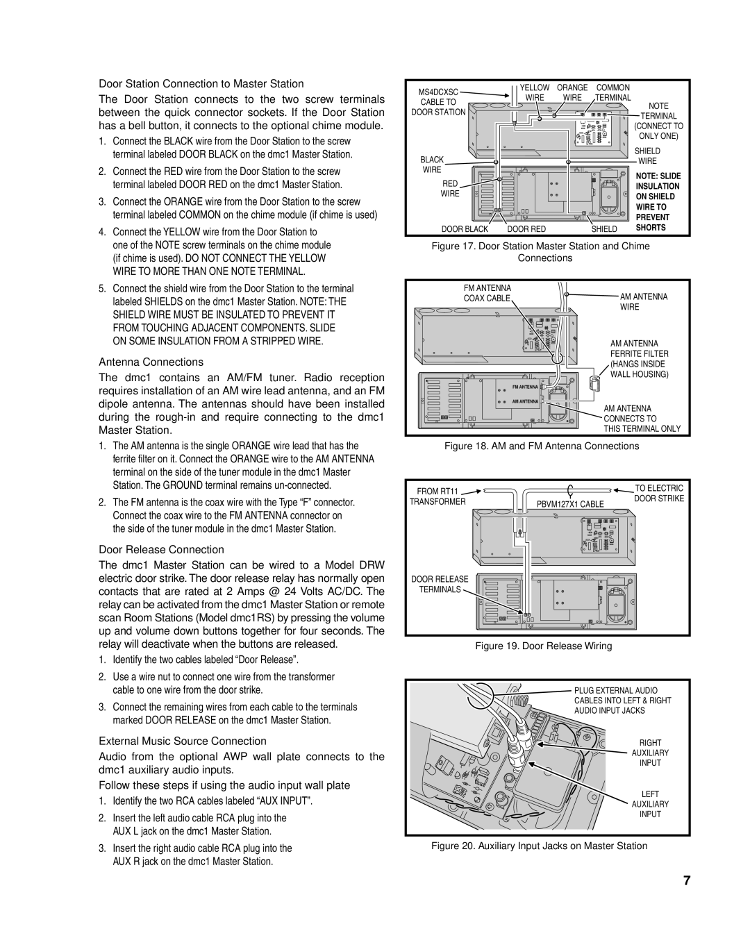 M&S Systems DMC1HC Door Station Connection to Master Station, Antenna Connections, Door Release Connection 