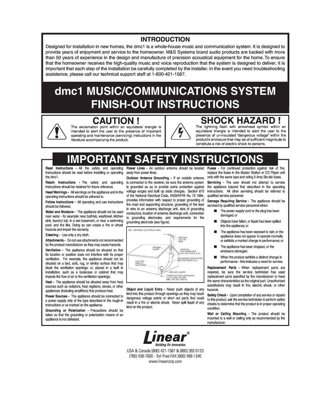 M&S Systems DMC1HC important safety instructions USA & Canada, dmc1 MUSIC/COMMUNICATIONS SYSTEM, Finish-Outinstructions 