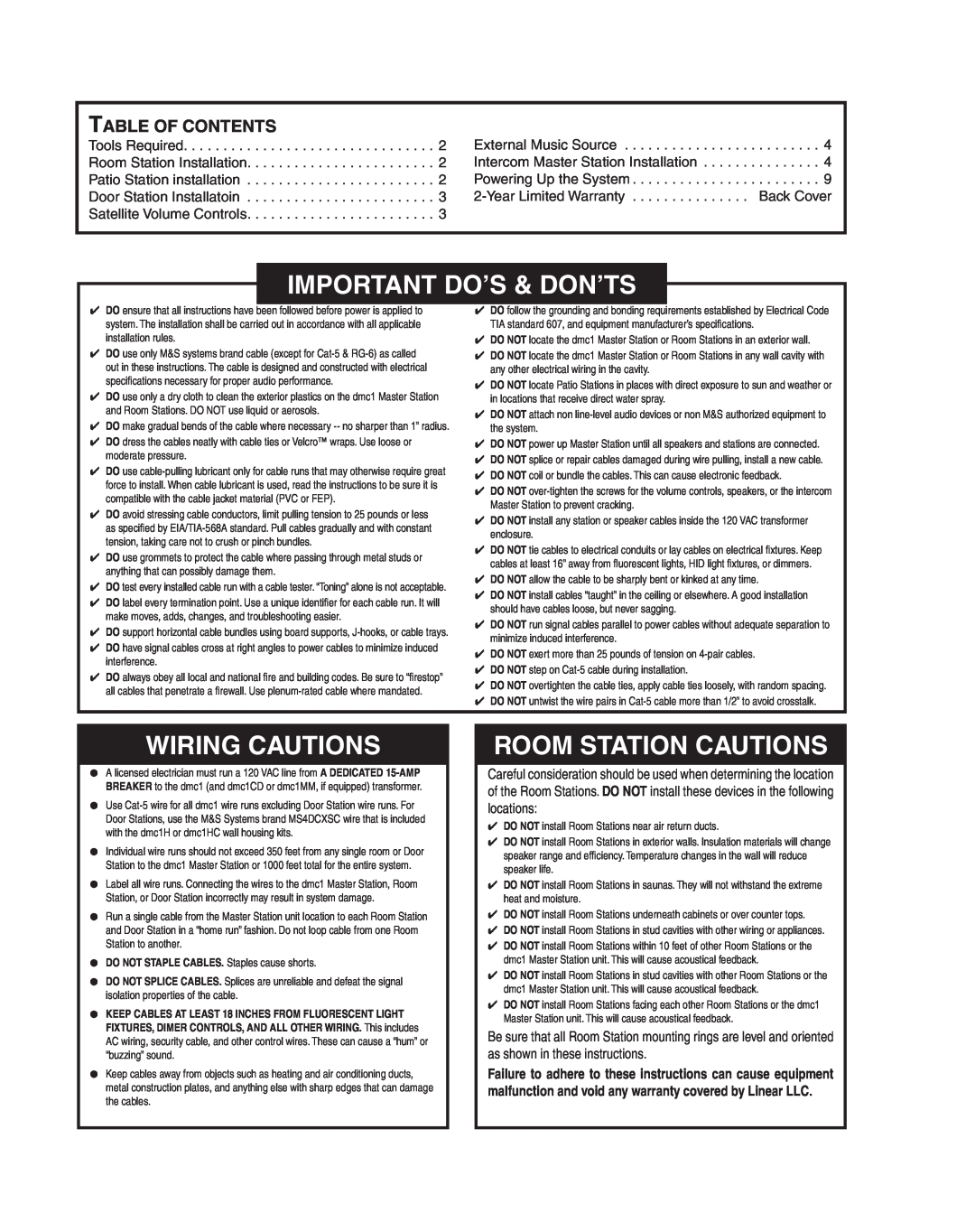 M&S Systems DMC1HC Important Do’S & Don’Ts, Wiring Cautions, Room Station Cautions, Table Of Contents 