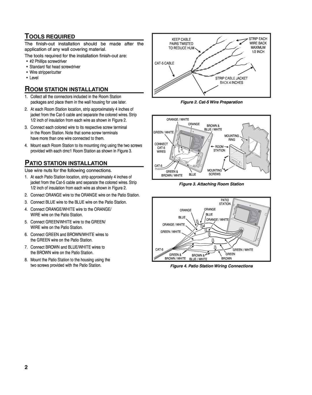 M&S Systems DMC1HC important safety instructions Tools Required, Room Station Installation, Patio Station Installation 