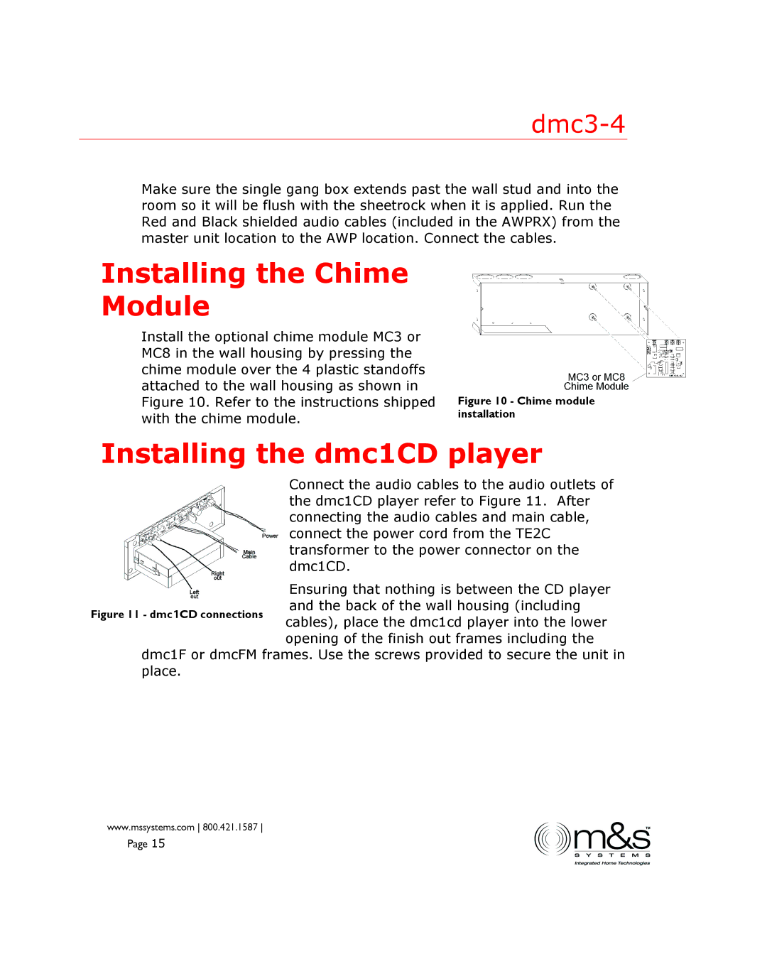 M&S Systems DMC3-4 installation instructions Installing the Chime Module, Installing the dmc1CD player 