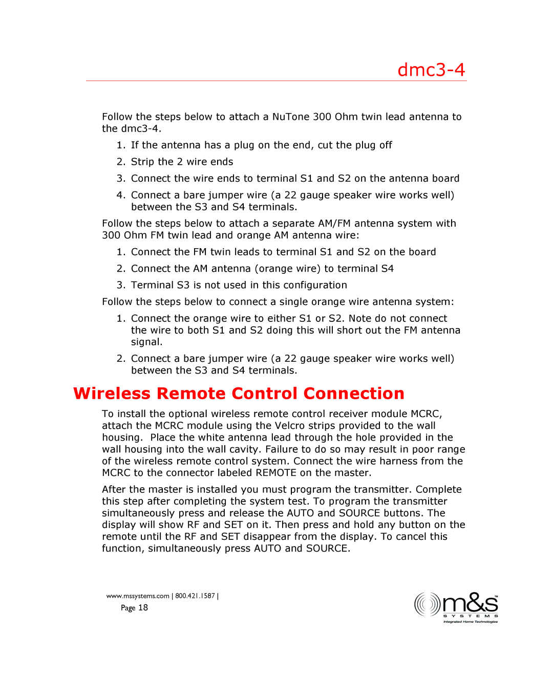 M&S Systems DMC3-4 installation instructions Wireless Remote Control Connection 