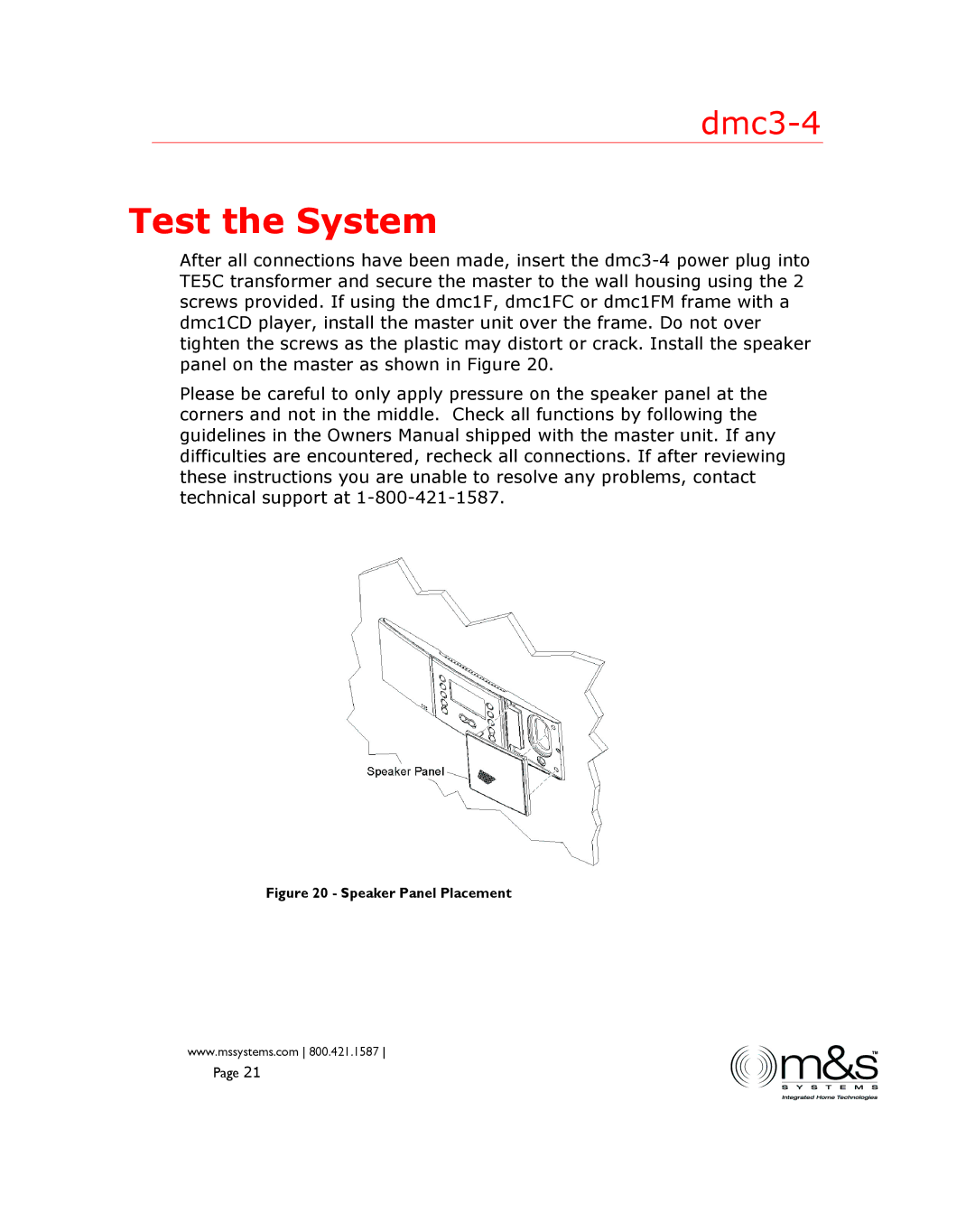 M&S Systems DMC3-4 installation instructions Test the System, Speaker Panel Placement 