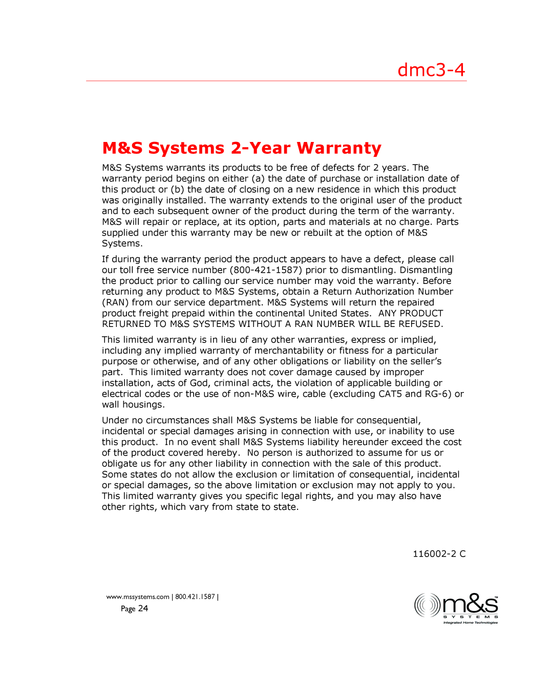 M&S Systems DMC3-4 installation instructions Systems 2-Year Warranty 