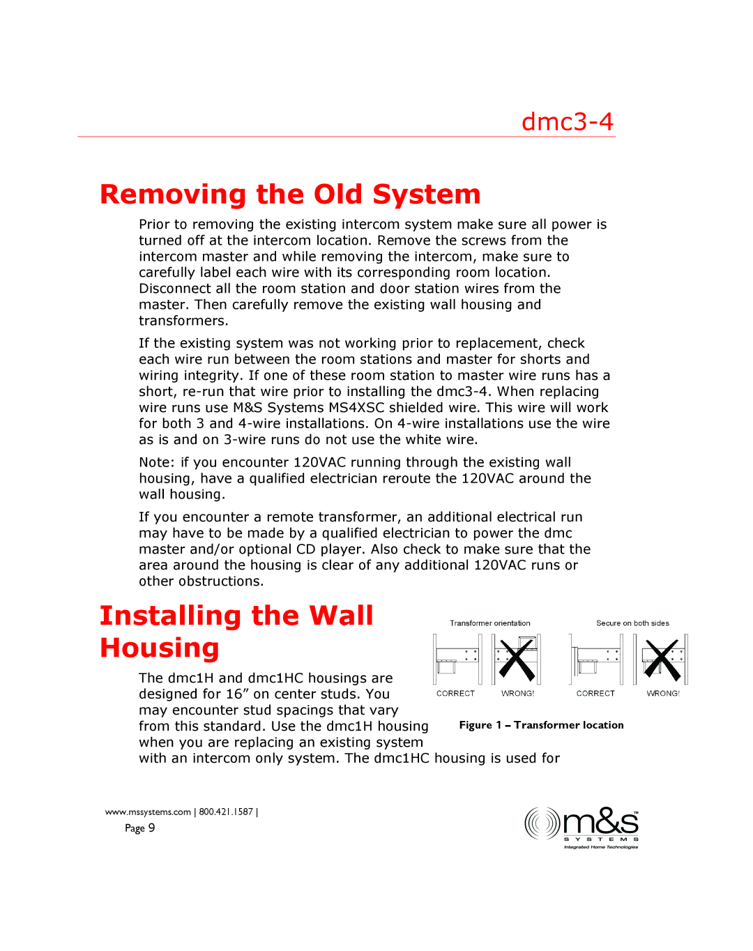 M&S Systems DMC3-4 installation instructions Removing the Old System, Installing the Wall Housing 