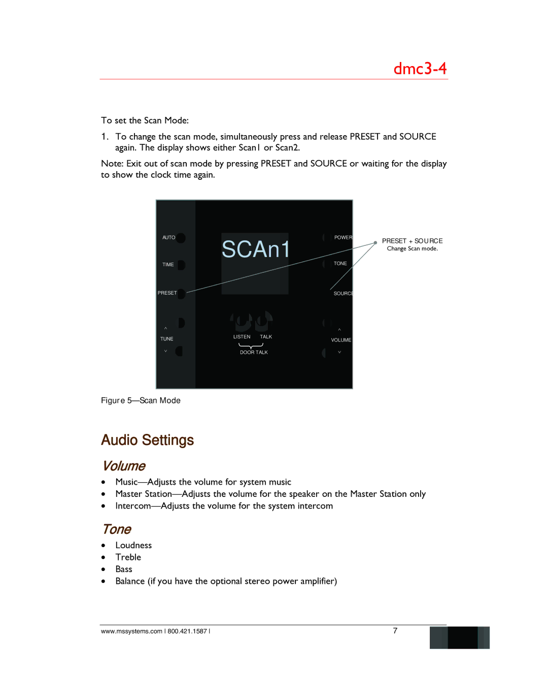 M&S Systems dmc3-4/dmc1 owner manual SCAn1, Audio Settings, Volume, Tone 