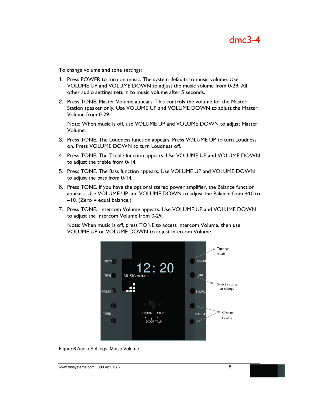 M&S Systems dmc3-4/dmc1 owner manual 1220, Audio Settings Music Volume 