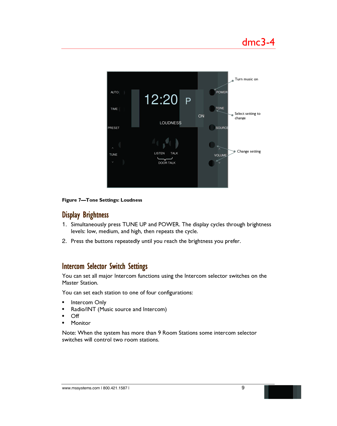 M&S Systems dmc3-4/dmc1 owner manual 1220P, Display Brightness, Intercom Selector Switch Settings 