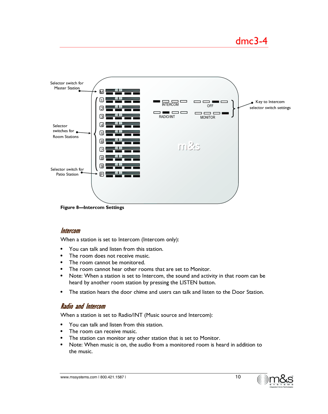 M&S Systems dmc3-4/dmc1 owner manual Radio and Intercom 