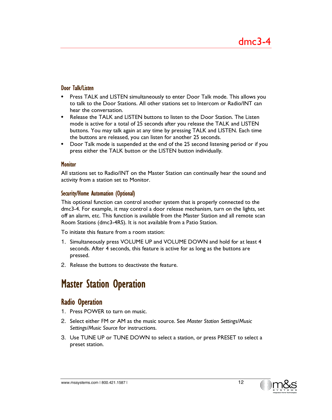 M&S Systems dmc3-4/dmc1 owner manual Master Station Operation, Radio Operation 