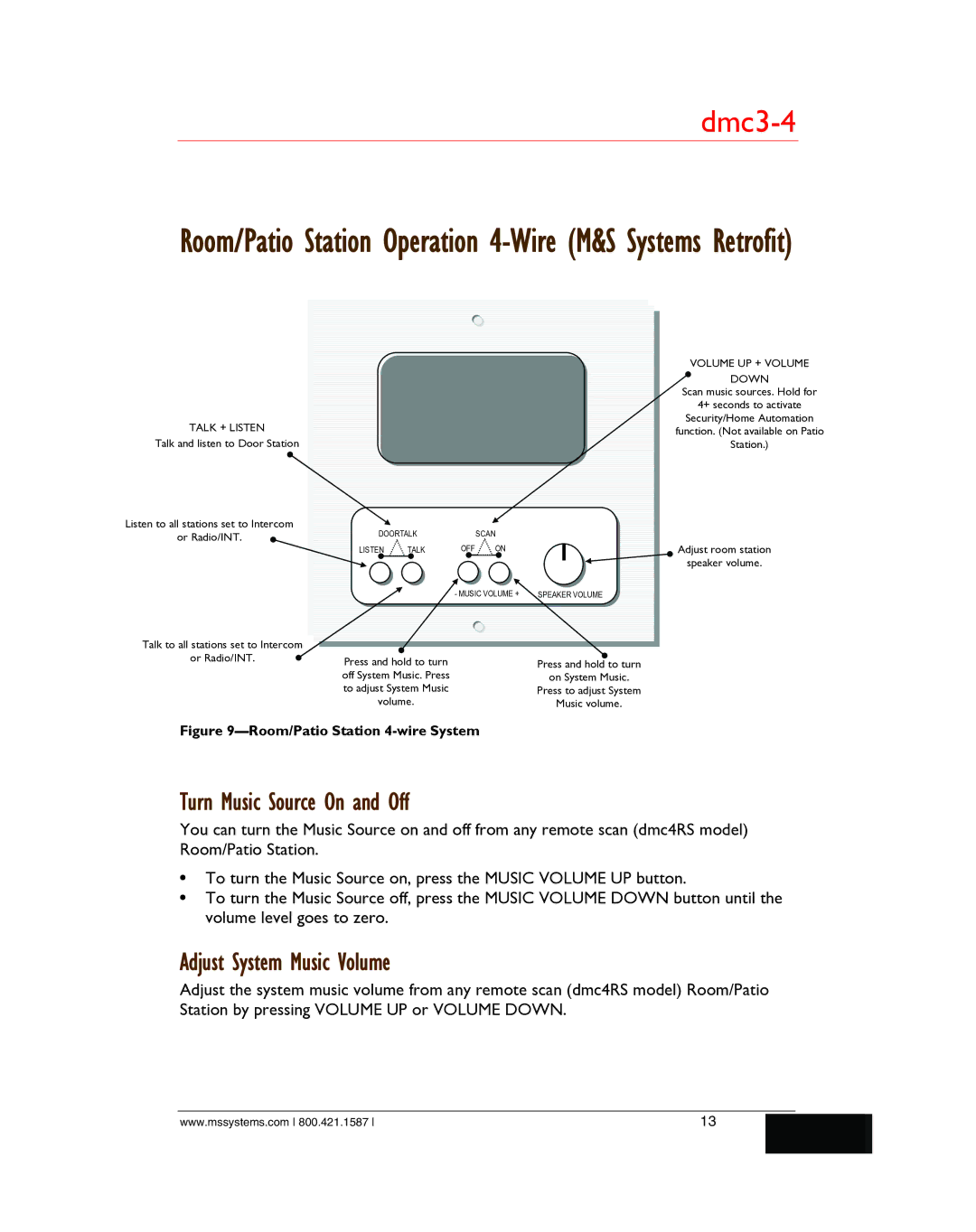 M&S Systems dmc3-4/dmc1 owner manual Turn Music Source On and Off, Adjust System Music Volume 