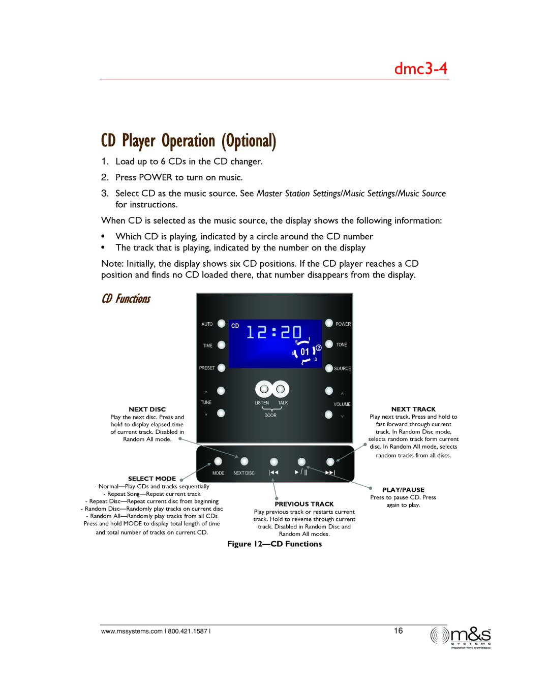 M&S Systems dmc3-4/dmc1 owner manual CD Player Operation Optional, CD Functions 