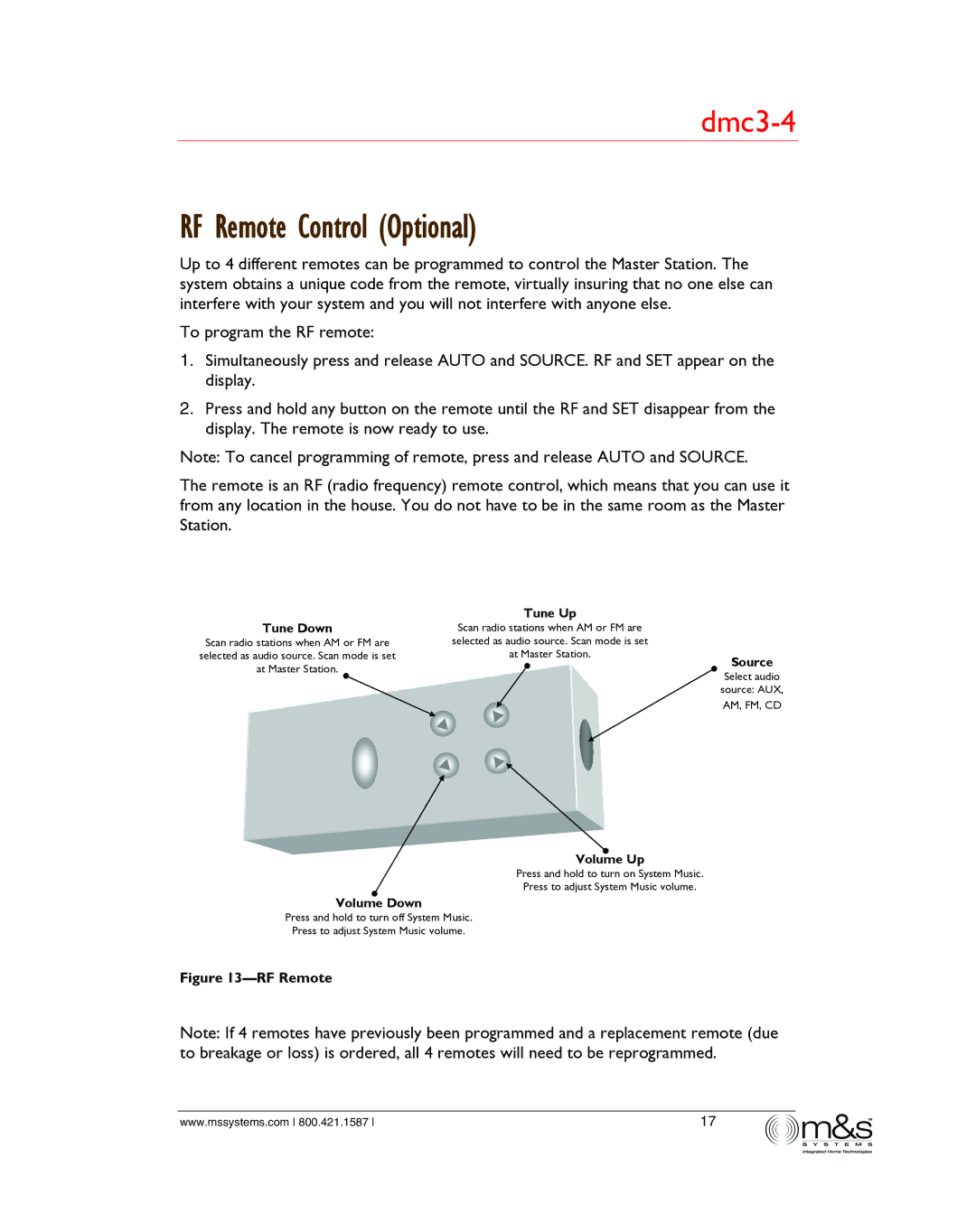 M&S Systems dmc3-4/dmc1 owner manual RF Remote Control Optional, Tune Down 