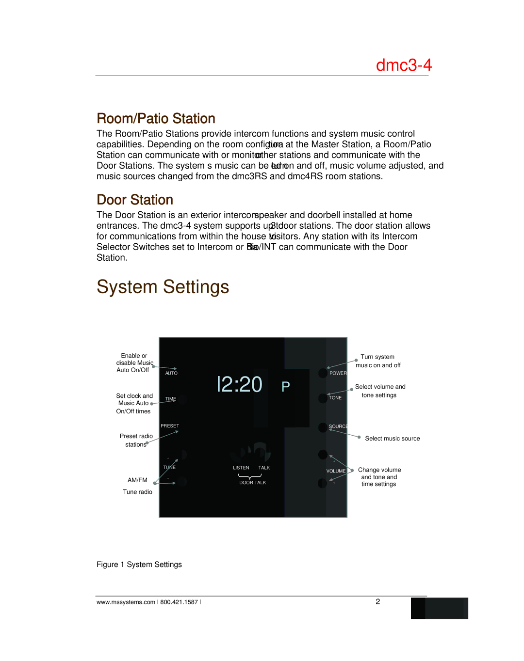 M&S Systems dmc3-4/dmc1 owner manual L220P, System Settings, Room/Patio Station, Door Station 