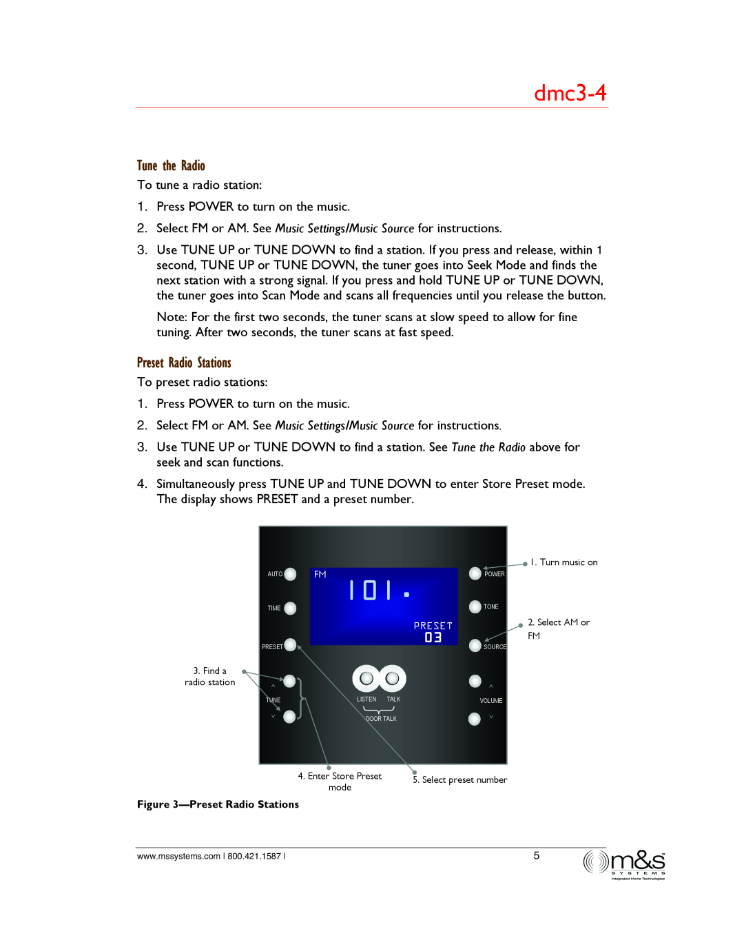 M&S Systems dmc3-4/dmc1 owner manual Tune the Radio, Preset Radio Stations 