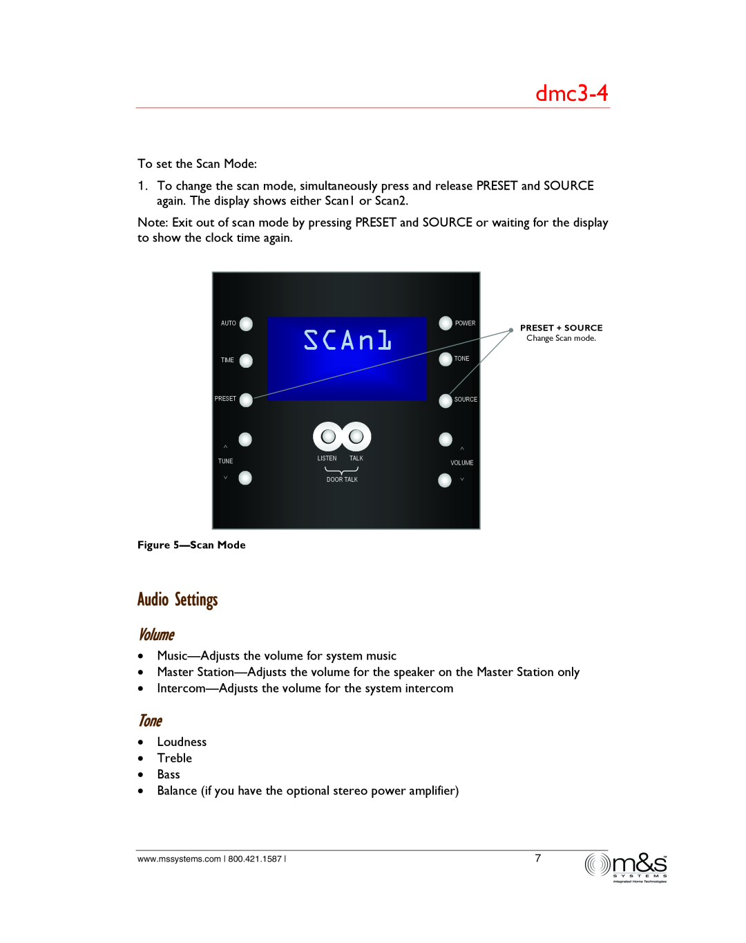 M&S Systems dmc3-4/dmc1 owner manual SCAn1, Audio Settings, Volume, Tone 