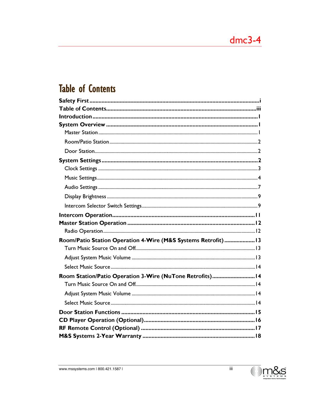 M&S Systems dmc3-4/dmc1 owner manual Table of Contents 