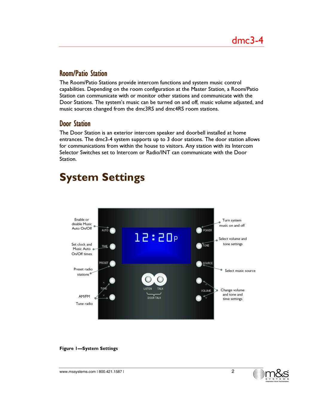 M&S Systems dmc3-4/dmc1 owner manual l2 20P, System Settings, Room/Patio Station, Door Station 