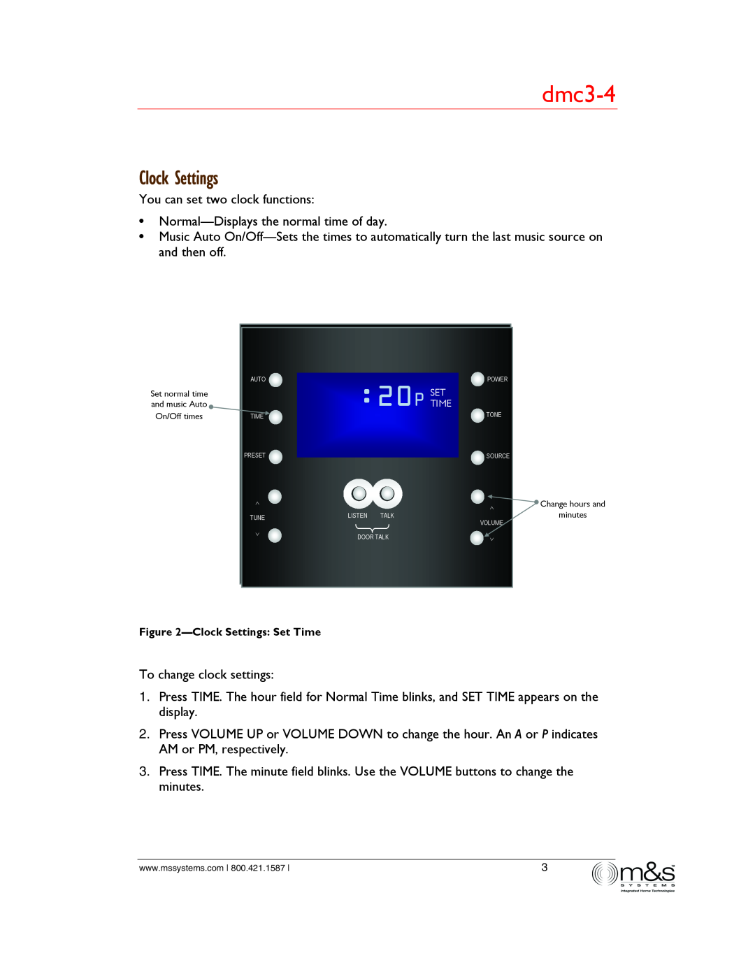 M&S Systems dmc3-4/dmc1 owner manual l2 20P TIME, Clock Settings 