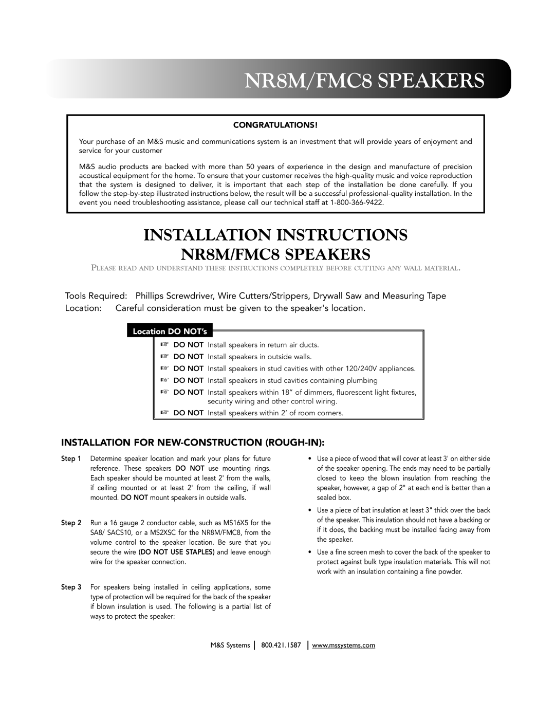 M&S Systems installation instructions Installation Instructions NR8M/FMC8 Speakers, Congratulations 