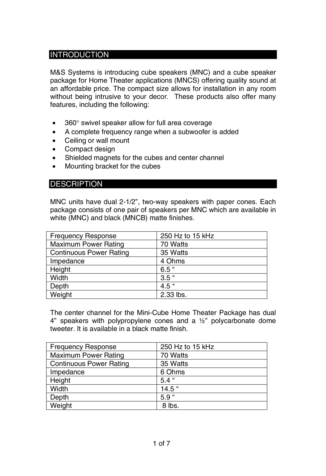 M&S Systems Home Theater System instruction manual Introduction, Description 