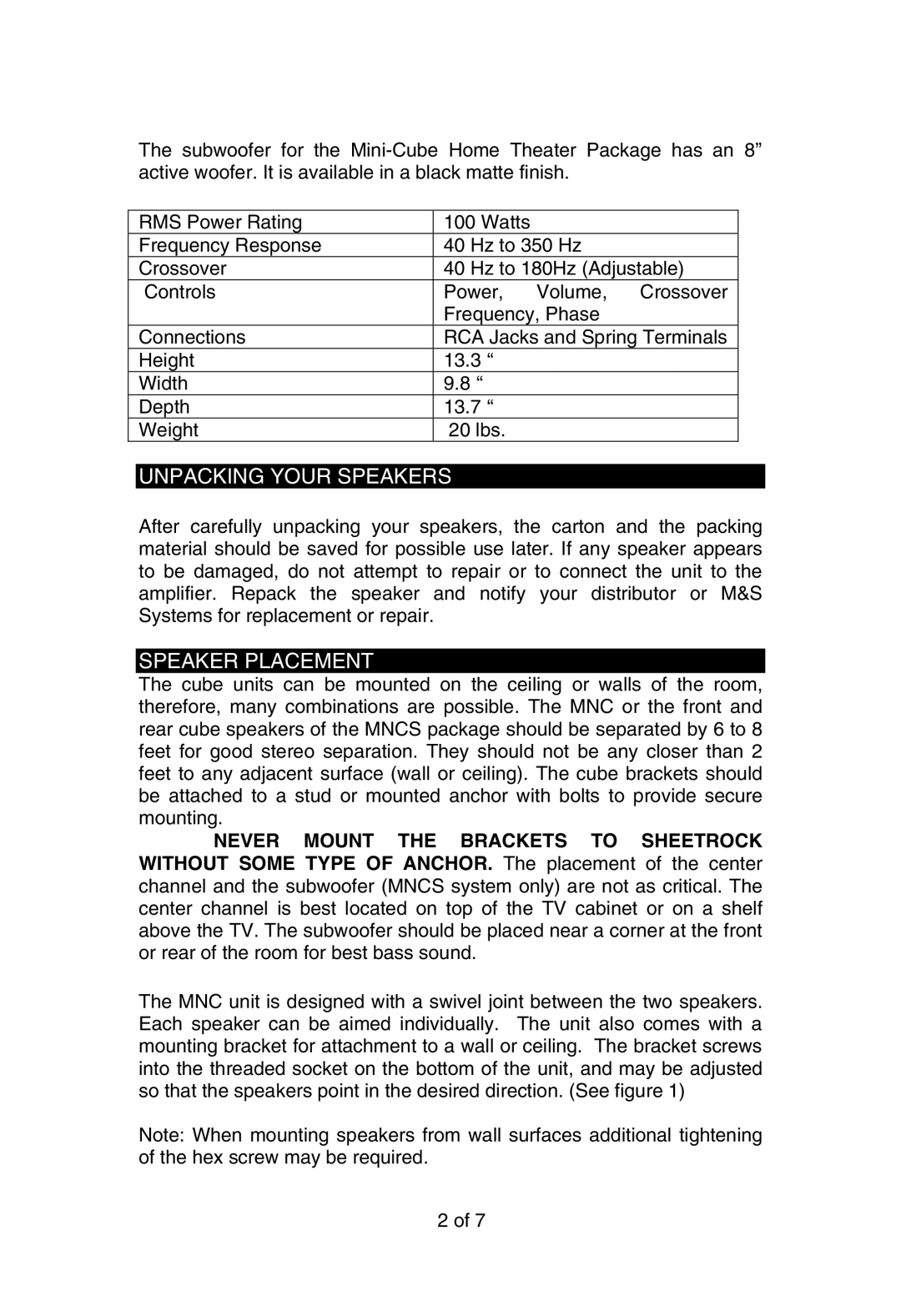 M&S Systems Home Theater System instruction manual Unpacking Your Speakers, Speaker Placement 