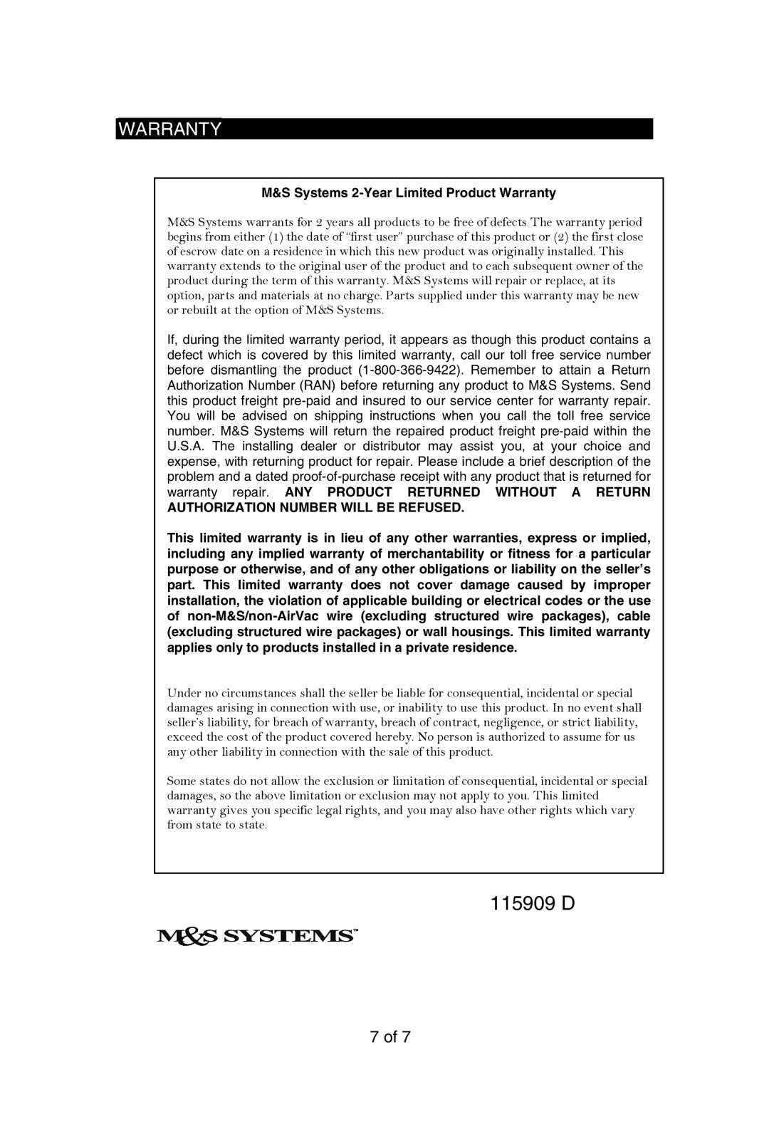 M&S Systems Home Theater System instruction manual Systems 2-Year Limited Product Warranty 