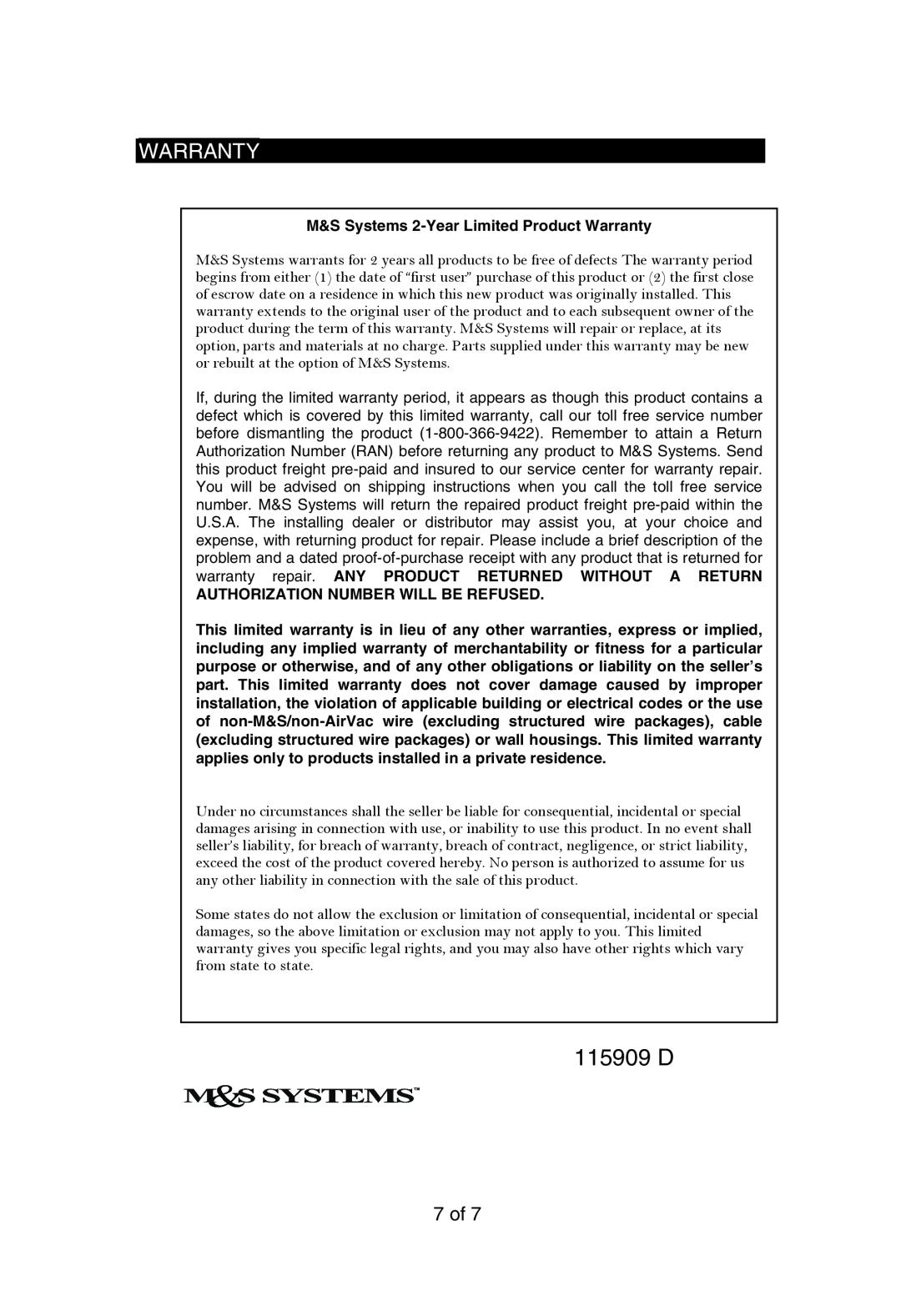 M&S Systems Home Theater System instruction manual 115909 D, M&S Systems 2-YearLimited Product Warranty 